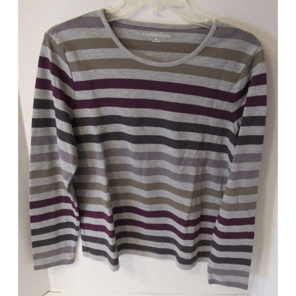Croft & Barrow Gray Burgandy Green Striped LS Shirt Womens Large Crew Neck